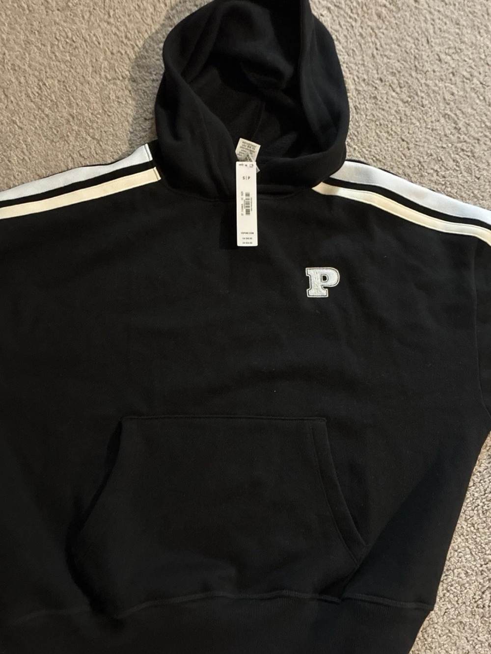 New V.S. PINK Black w/ White Stripe Varsity Logo Pullover Hoodie
